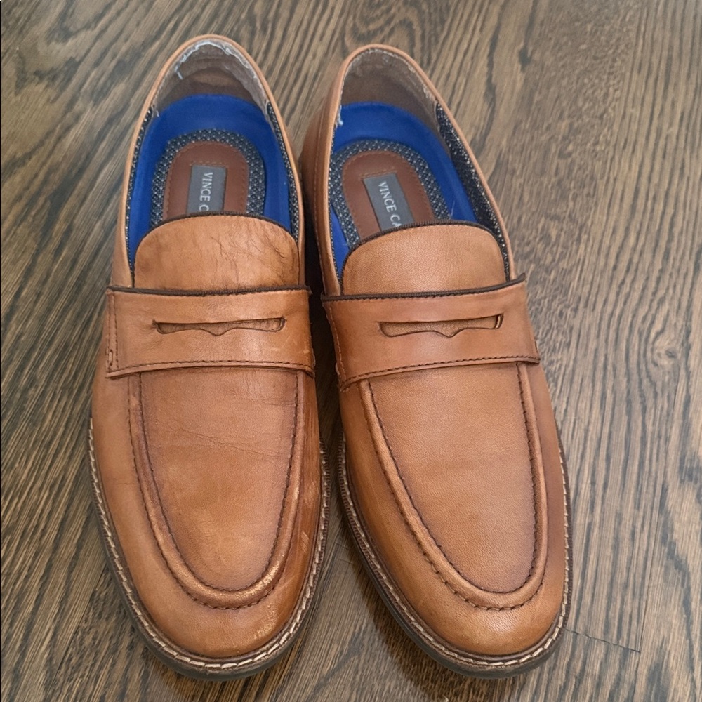 Vince Camuto Men's Cognac Leather Penny Loafers with Blue Lining - Picture 4 of 8